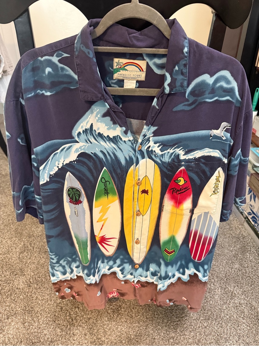 Paradise Found Men's L Rayon Hawaiian Graphic Print Button-Up Shirt w/Pockets